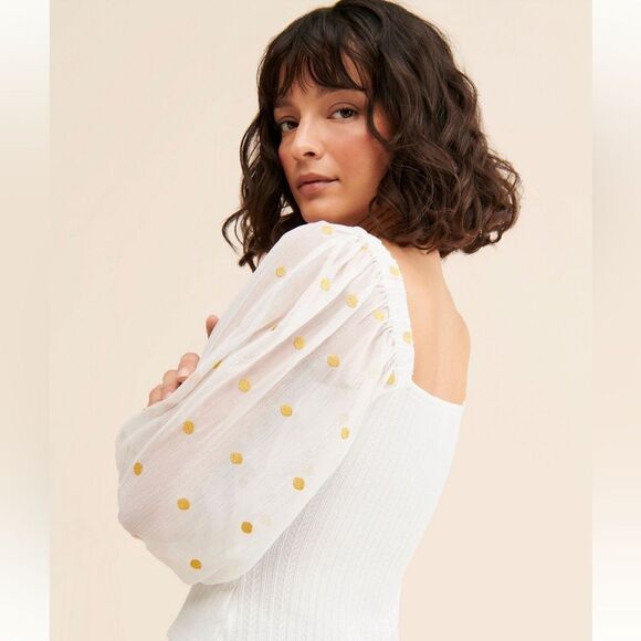 Anthropologie Hutch White and Gold Puff Sleeve Top size small s - Picture 3 of 6